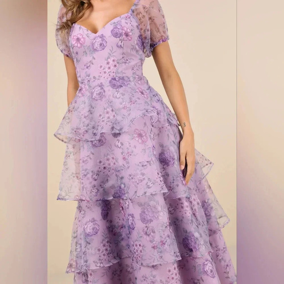 Lulu's Oh-So Stunning Purple Floral Organza Tiered Midi Dress S Wedding Party - Picture 5 of 10